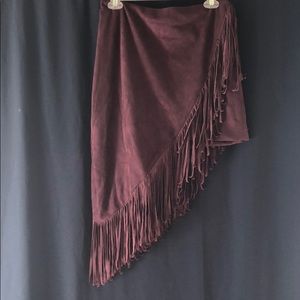 Burgundy A-symmetrical fringed skirt